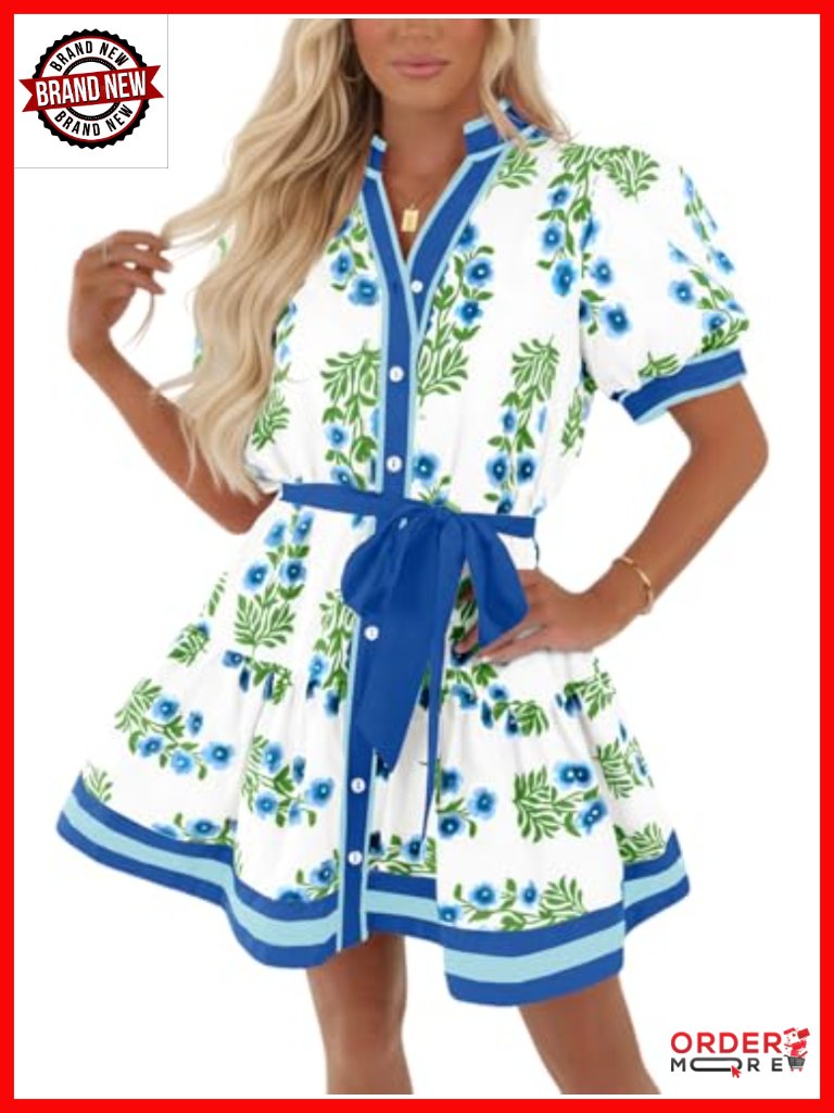 Women's Floral Mini Dress With Belt Puff Sleeve V-Neck Button Down Casual Boho
